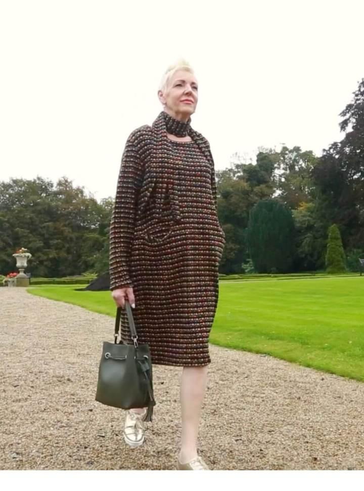 Fine Knit Pocket Dress & Scarf in Beige
