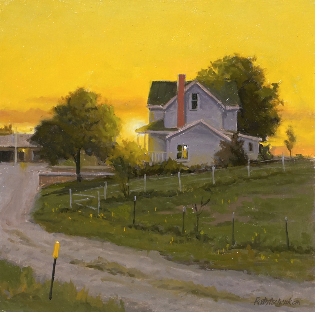 a painting of a house and a road
