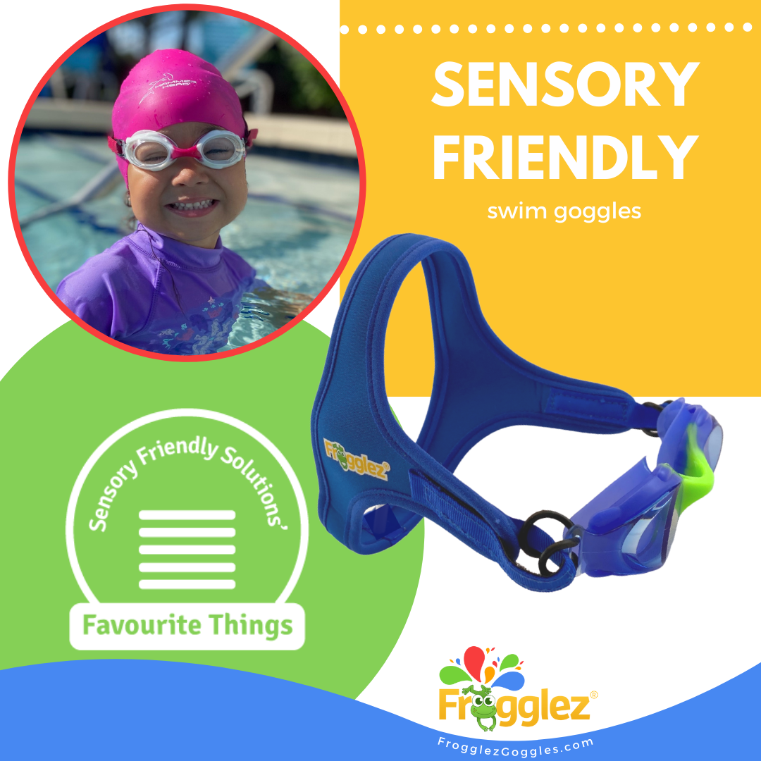 Smiling girl wearing Frogglez Goggles and pink swim cap with a Sensory Friendly certifiication