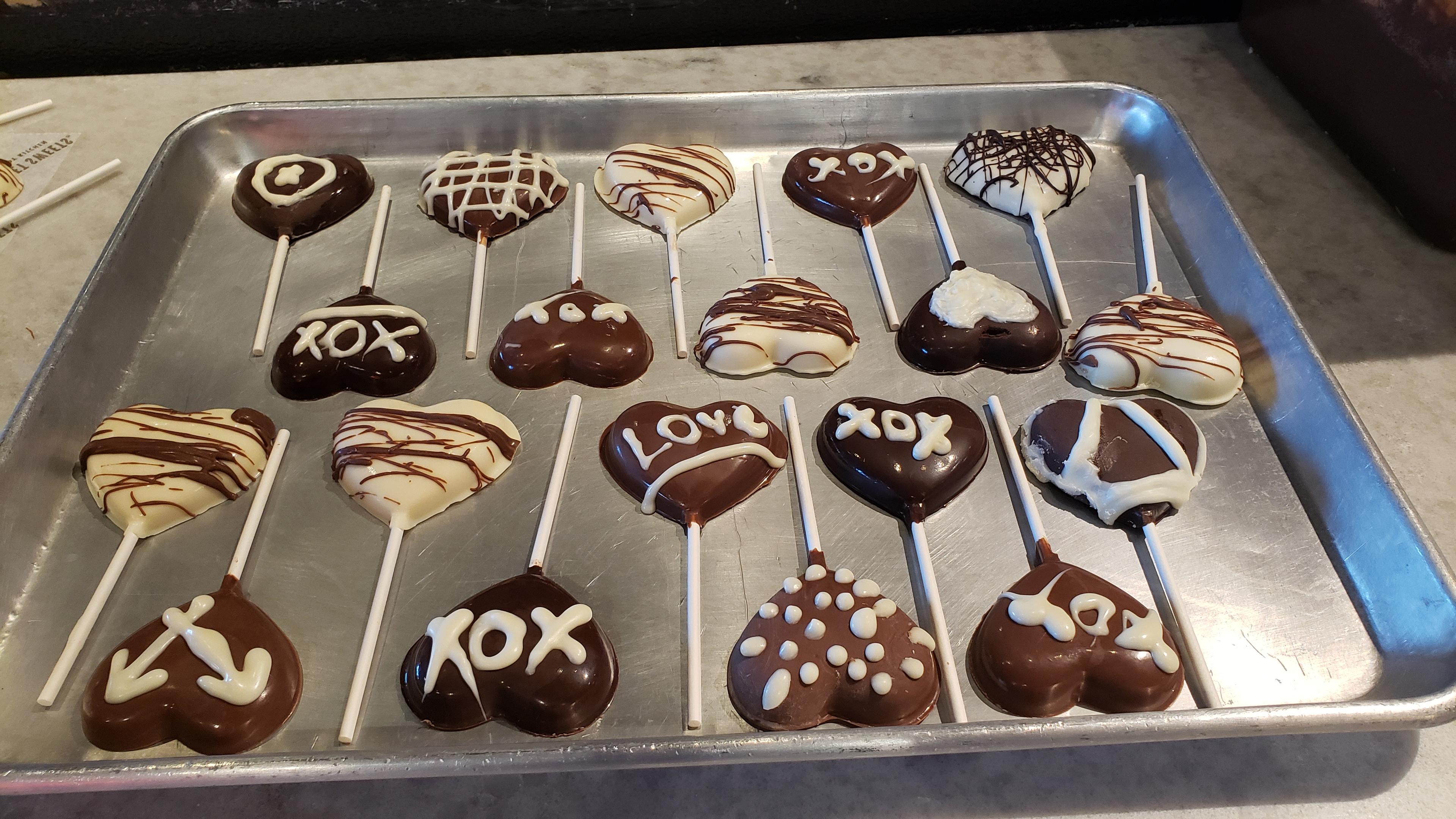 Heart-decorated chocolate-dipped treats at River Street Sweets Lancaster