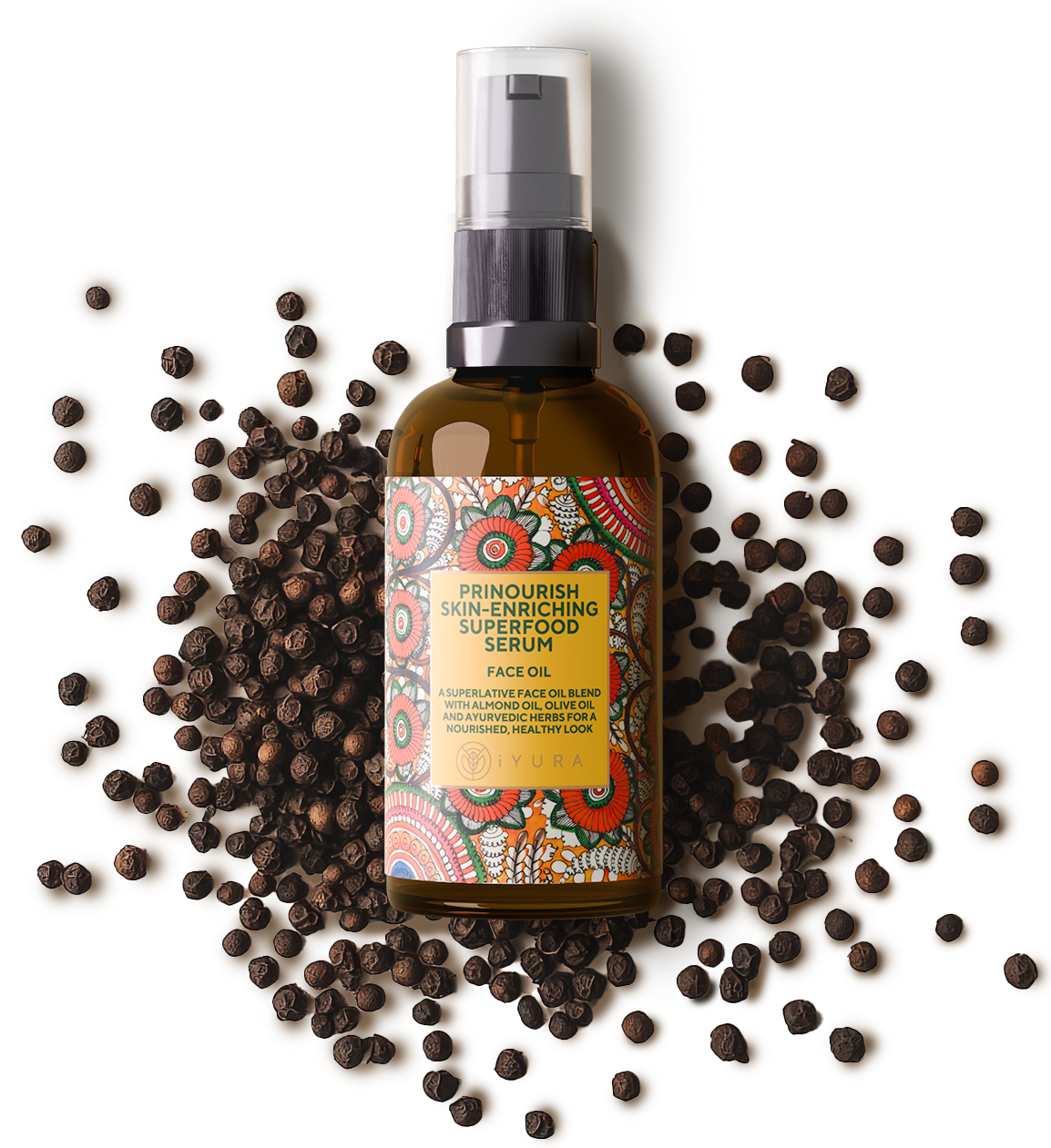 A bottle of prinourish kept over a bunch of black pepper