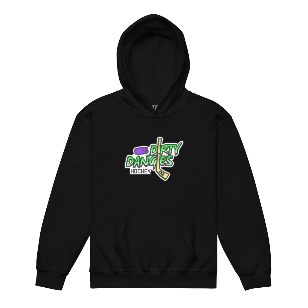 a unisex black fleece hockey hoodie. dirty dangles hockey logo.