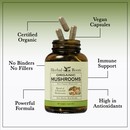 mushrooms with three pills spilling out of the top of the bottle. There are several lines pointing to the bottle and the capsules. The lines say Certified Organic, Vegan Capsules, immune support, No Binders or fillers, Powerful formula and high in antioxidants
