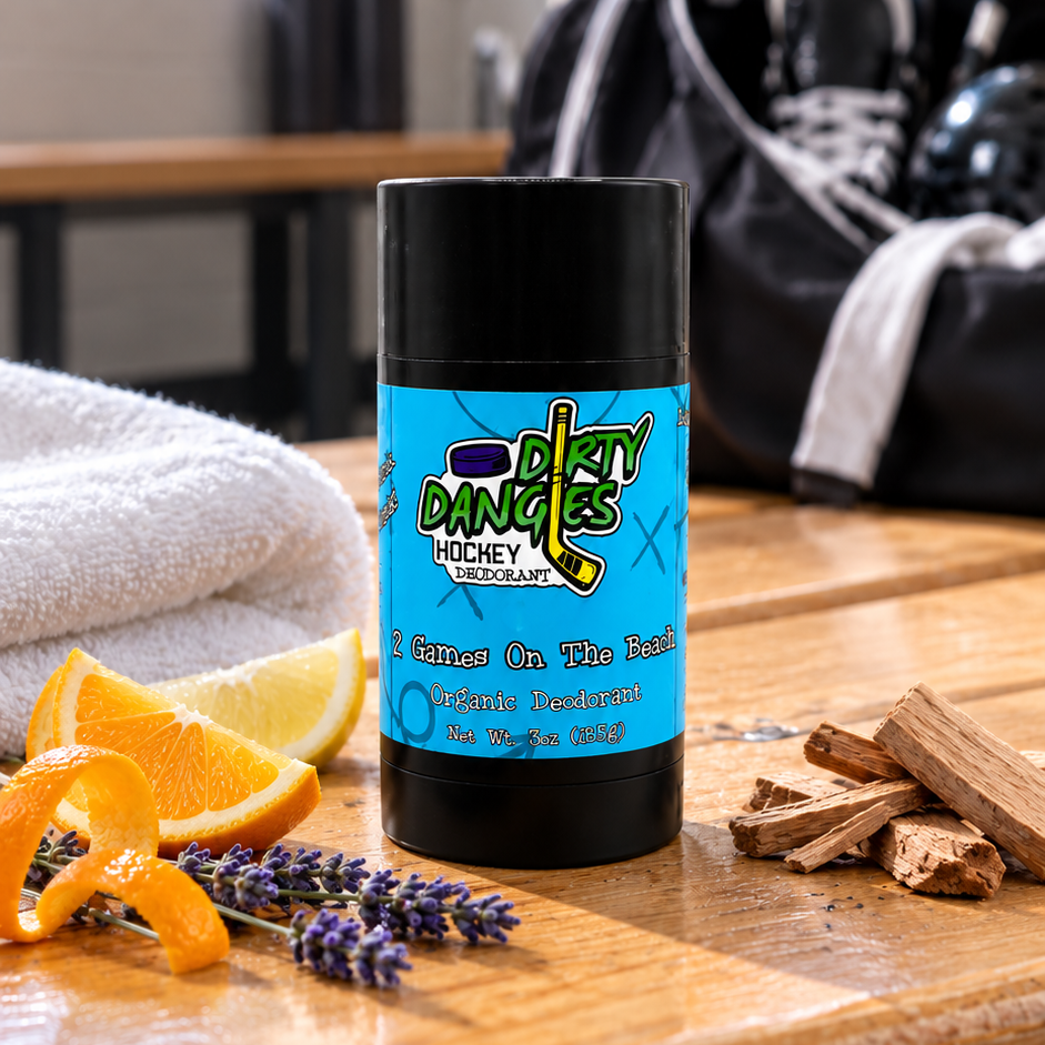 aluminum-free deodorant 2 games on the beach scent on a bench in a hockey locker room with citrus, lavender and sandalwood.