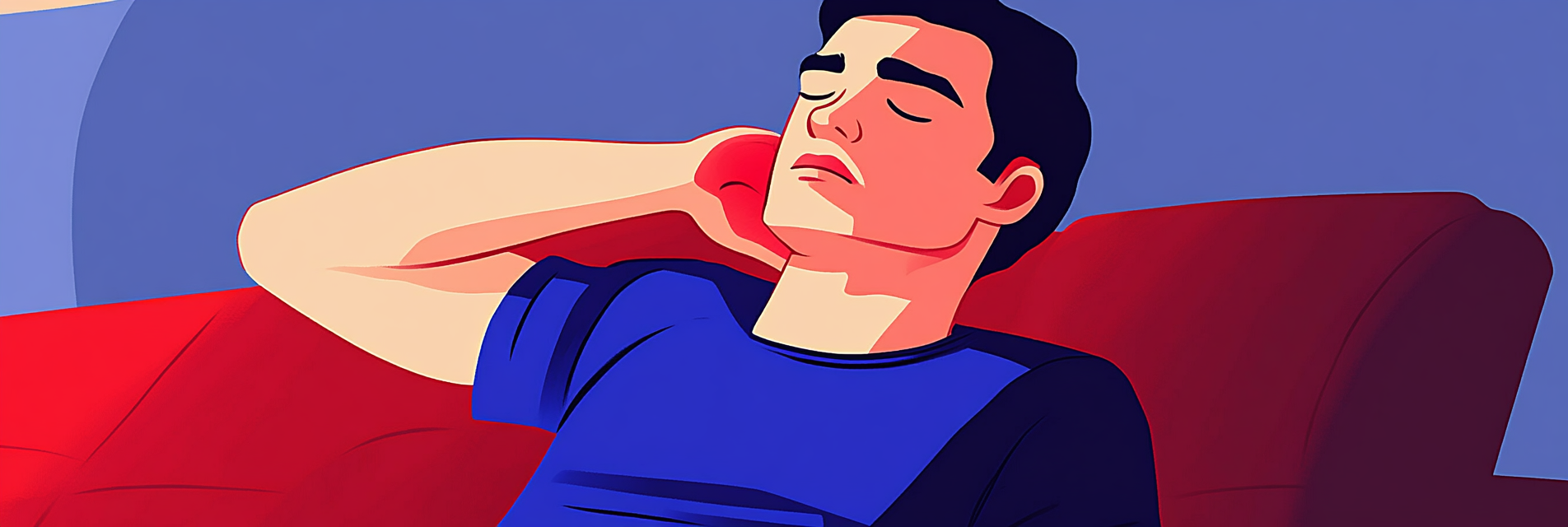A man holding his painful neck from sleeping on the couch.