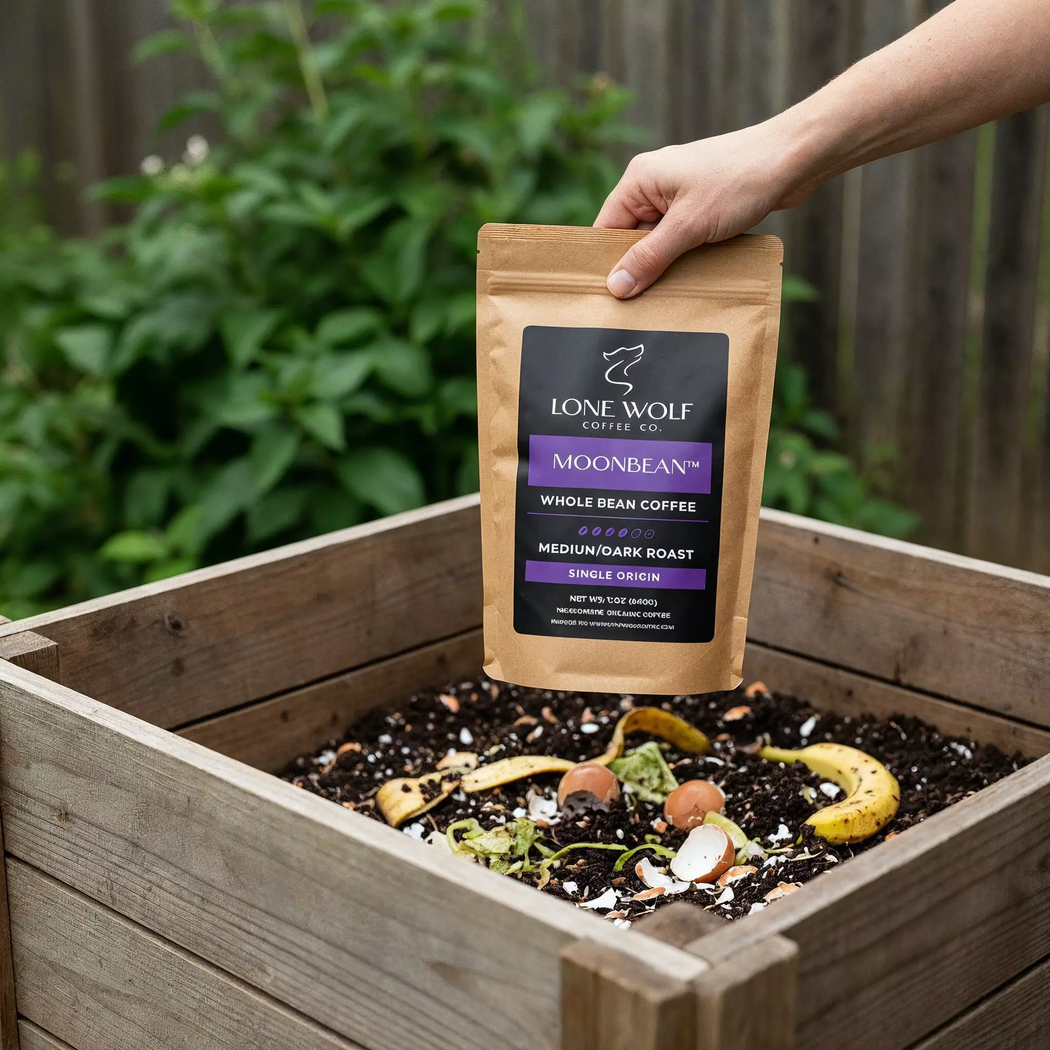 Compostable Lone Wolf Coffee packaging placed in a backyard compost bin with food scraps.