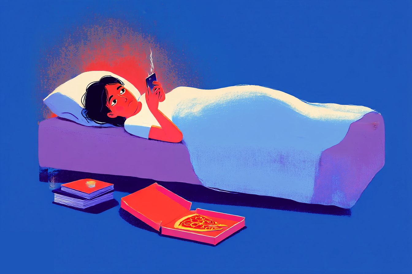 A girl who is bed rotting. She is lying down, staring at her phone. There is a pizza box and 2 books on the floor beside her bed.