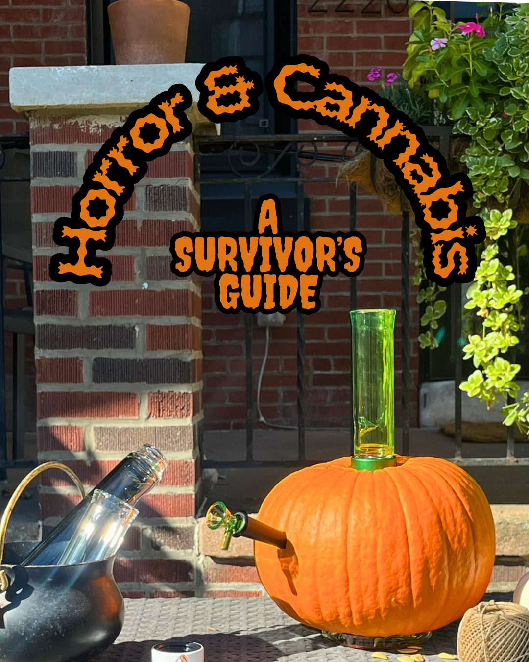 Jack-o'-lantern bong centerpiece on a Halloween table, surrounded by Prism Water Pipe parts. The cauldron holds modular bong components, including slime green and midnight black mouthpieces and a black metal downstem, showcasing the best bong for horror movies.