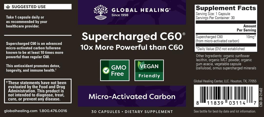 Global Healing Supercharged C60 Micro-Activated Carbon Bottle Label