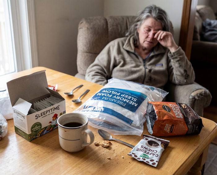Tired older woman sitting at table with sleep aids that didn't work, rubbing eyes and looking worn out