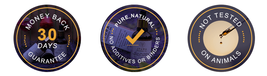 iYURA Trust Badges: 1. 30-Day Money-back Guarantee 2. No Additives or Binders 3. Not Tested on Animals