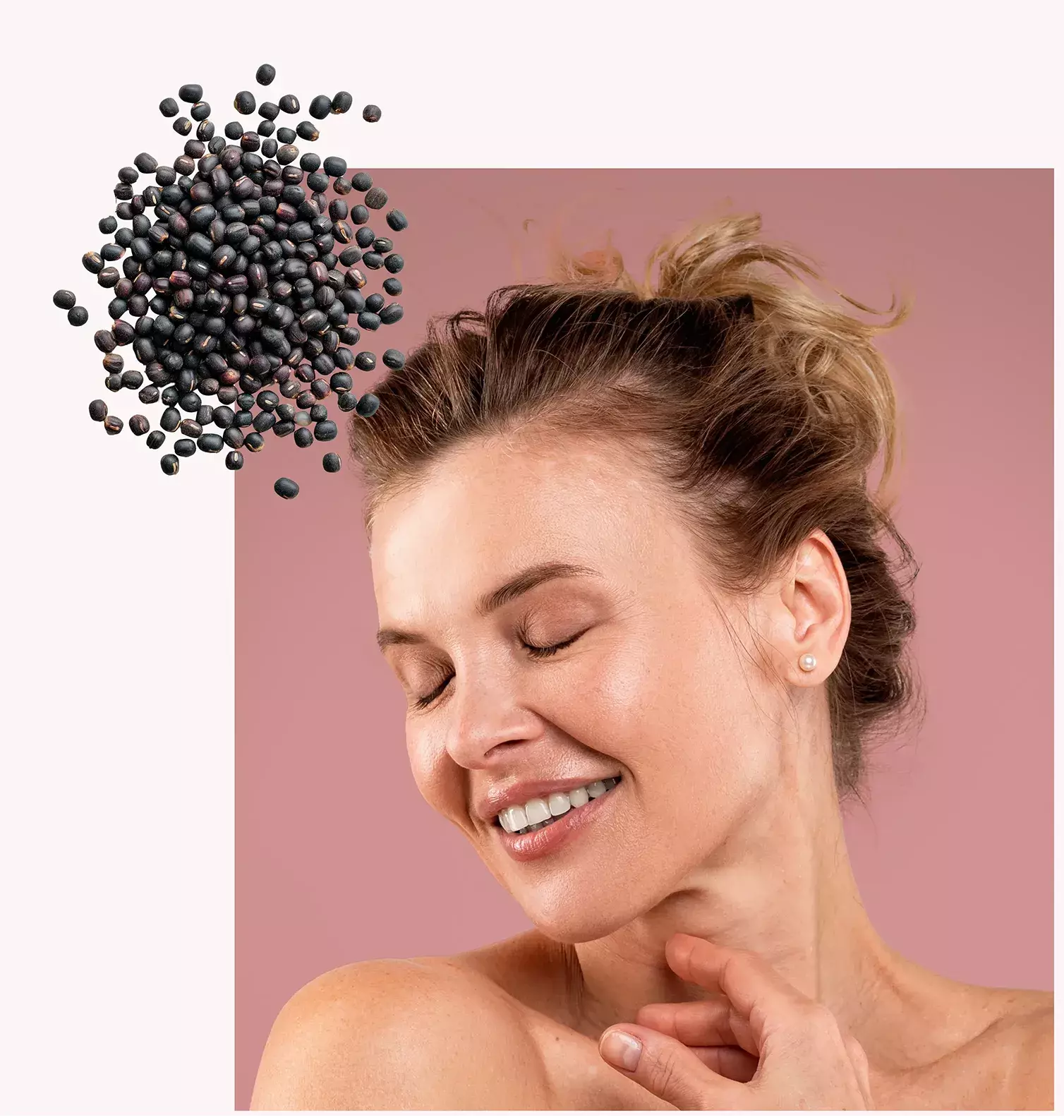 black beans and woman touching her skin with