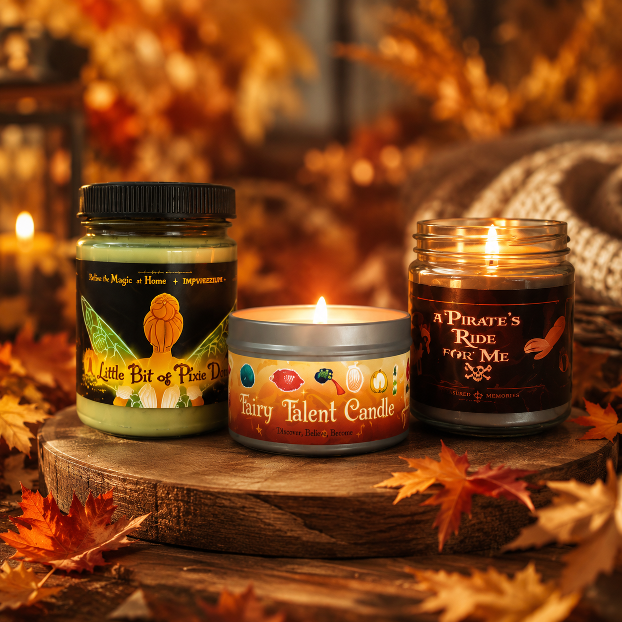 Three candles in an autumn setting: A Little Bit of Pixie Dust, Fairy Talent Candle, and a Pirate's Ride for Me