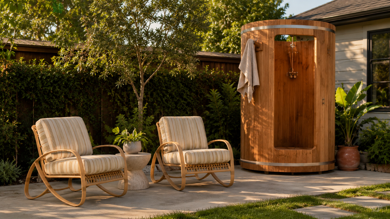 2 chairs in a backyard or outdoor space with a shower barrel on the side.