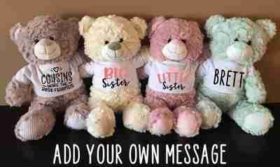 4 different colors bears with a customized shirt sitting together