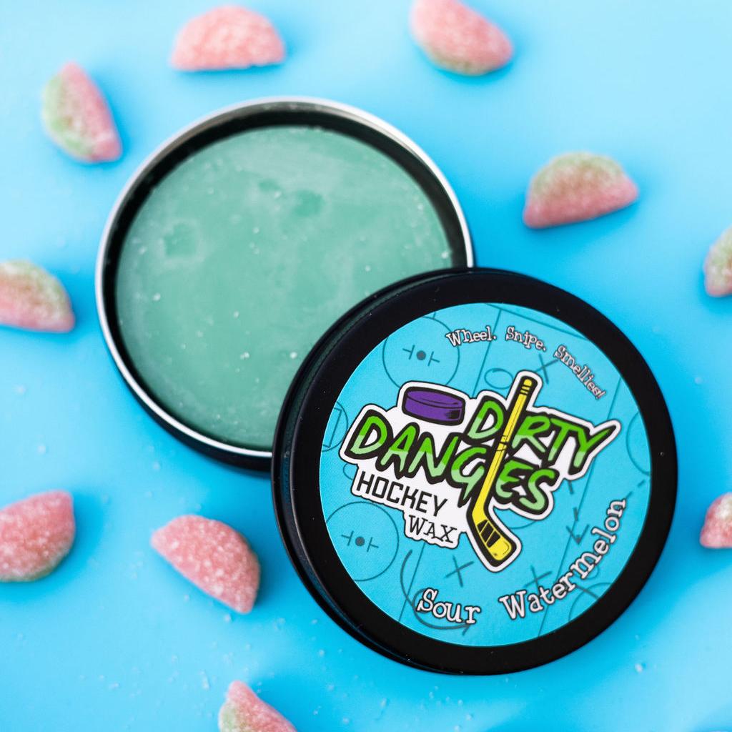 Sour Watermelon girls and women's hockey stick wax in a blue tin with sour watermelon candies