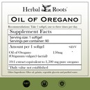 Directions, take 1 softgel, 1-3 times per day. Supplement facts: serving size is 1 softgel, 90 servings per container. Amount per 1 softgel, 150mg oil of oregano, 10 to 1 extract equivalent to 1,500 mg per oregano. Other ingredients: olive oil, gelatin, vegetable glycerin and purified water. Below the supplement facts are three badges. GMP certified, Family Owned business and Tree free paper