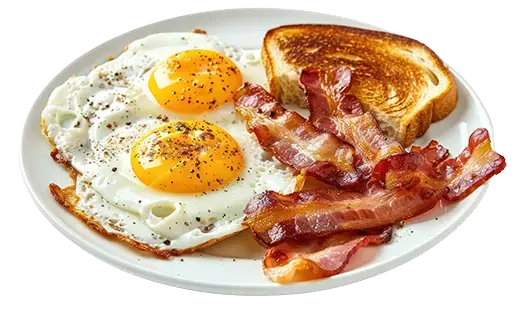 A dish with eggs, bacon and bread.