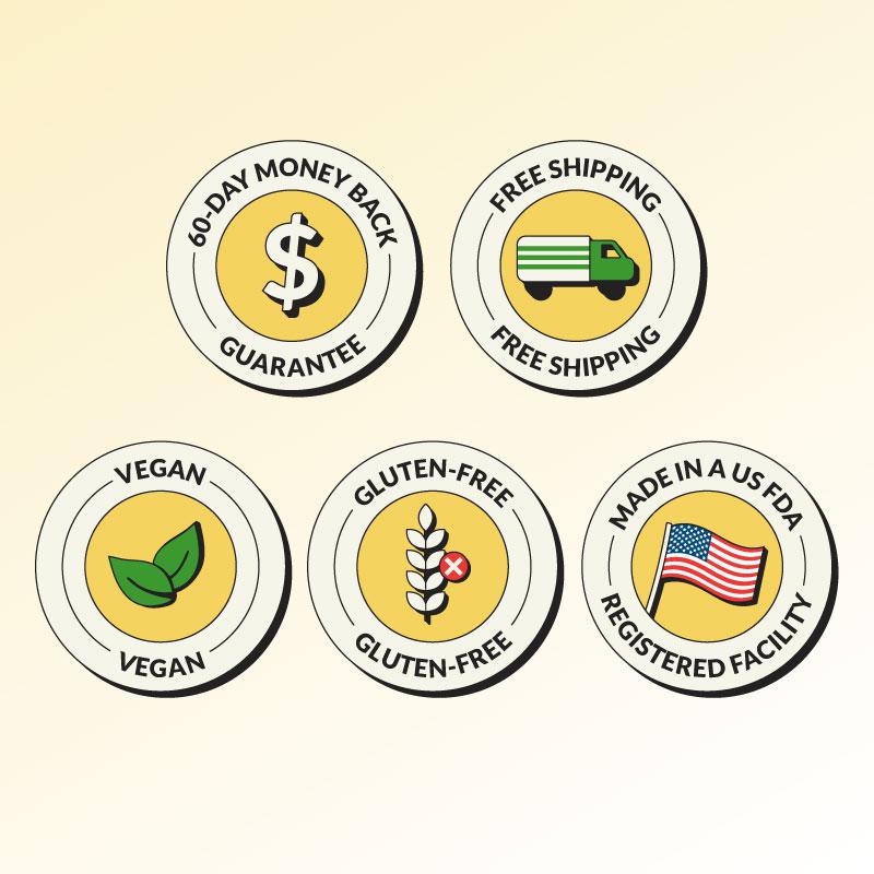 Set of certification-style icons: 60-day money back guarantee, free shipping, vegan, gluten-free, and made in a US FDA registered facility.