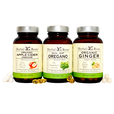 Bottles of Herbal Roots Organic Apple Cider Vinegar, Oil of Oregano and Organic Ginger