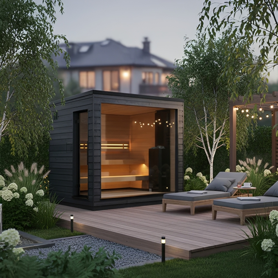 beautiful outdoor sauna in an outdoor setting on a deck with two lounge chairs