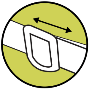 Illustration of the Door Buddy strap being adjusted with arrows showing movement. This step shows tightening or loosening the strap to set the desired door opening for cats.
