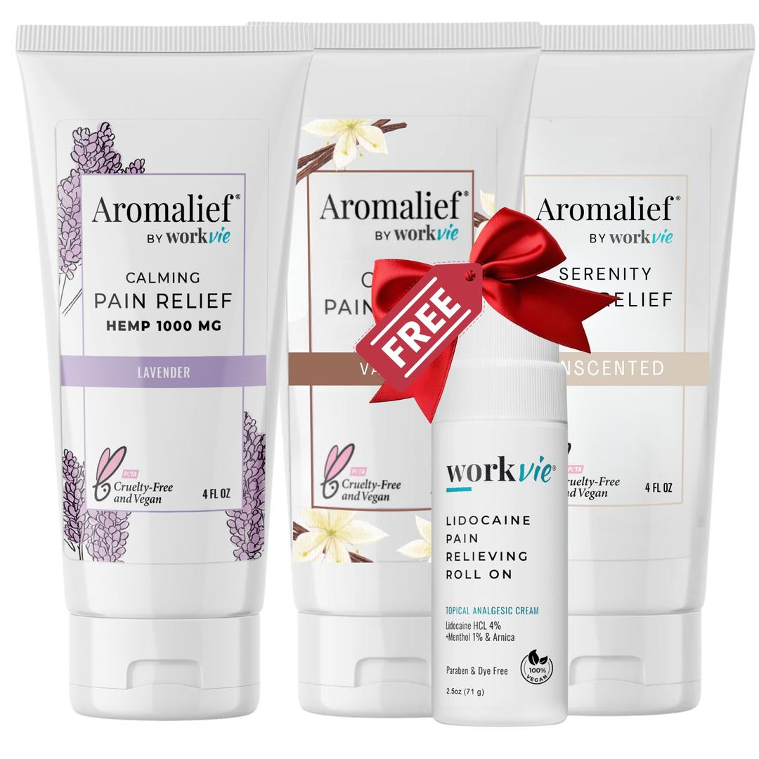Aromalief Pain Relief Creams in Vanilla, Lavender, and Unscented plus Free Workvie Lidocaine Roll On