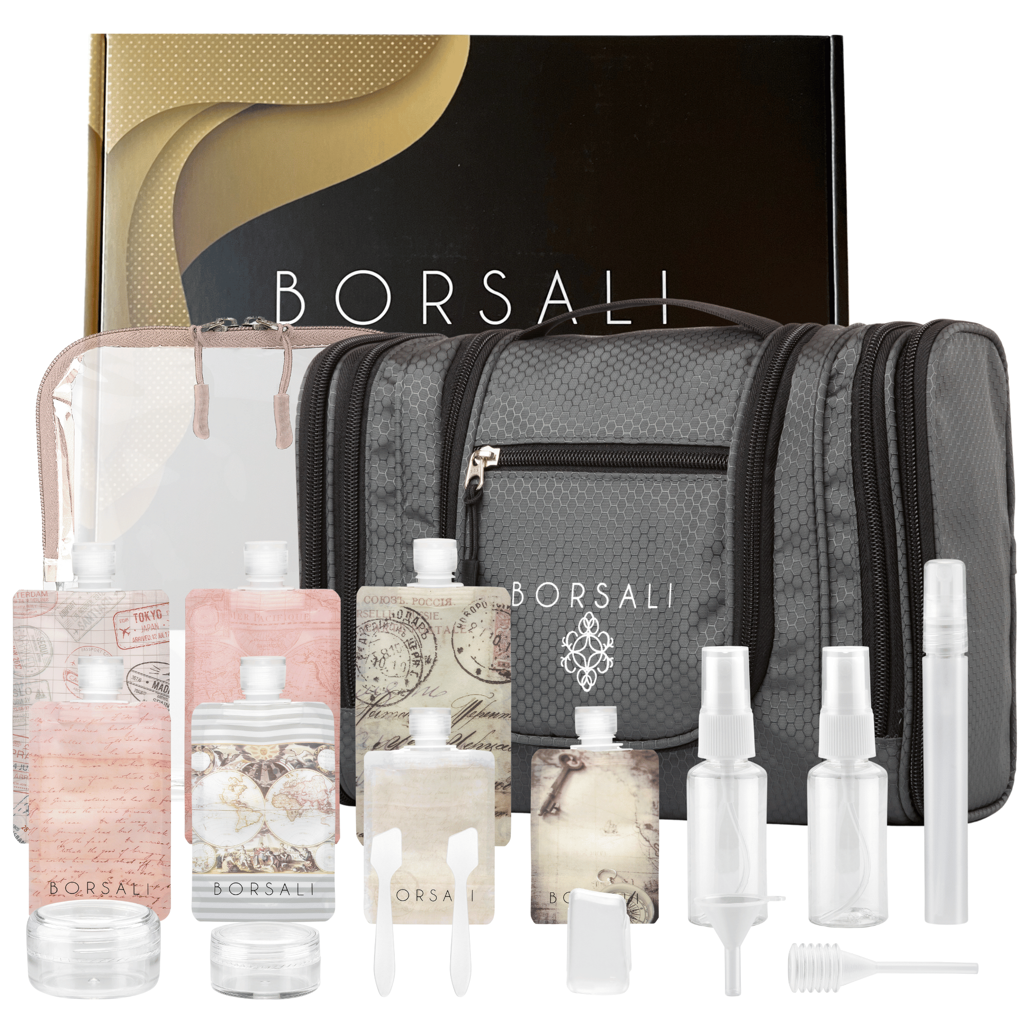Gifts for travelers - toiletry bag and bottles