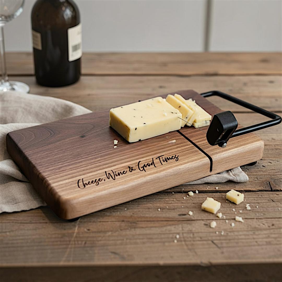 Personalized walnut cheese slicer board with black metal wire cutter, engraved “Cheese, Wine & Good Times,” styled with sliced cheese on rustic wood table