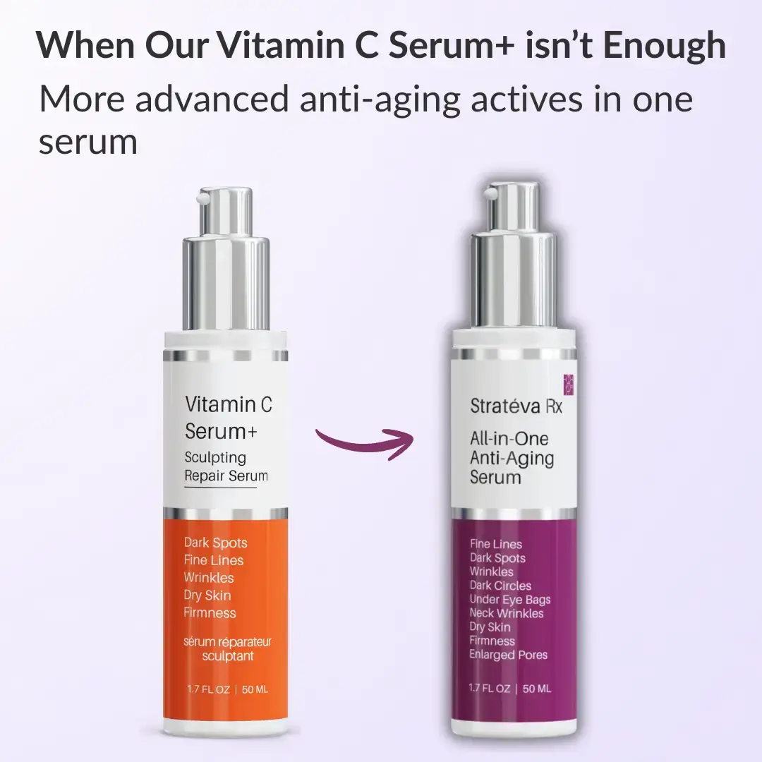 picture of levaye vitamin c bottle and levaye strateva bottle- when our vitamin c serum isn't enough choose strateva