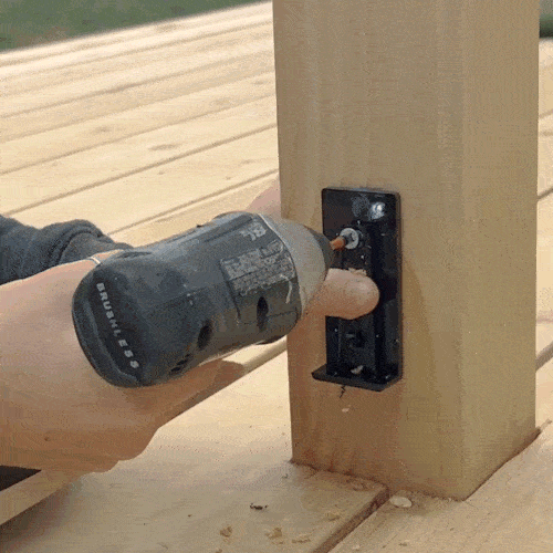 Shadow rail installation GIF. Depicts the rail hardware being screwed in and then attached to the post