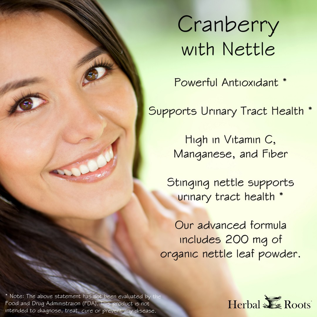 Close up of a smiling woman. The text on the image says Cranberry with Nettle. Powerful antioxidant, Supports Urinary Tract Health, High in Vitamin C, Manganese and fiber, Stinging nettle supports urinary tract health, our advanced formula includes 200 mg of organic nettle leaf powder.