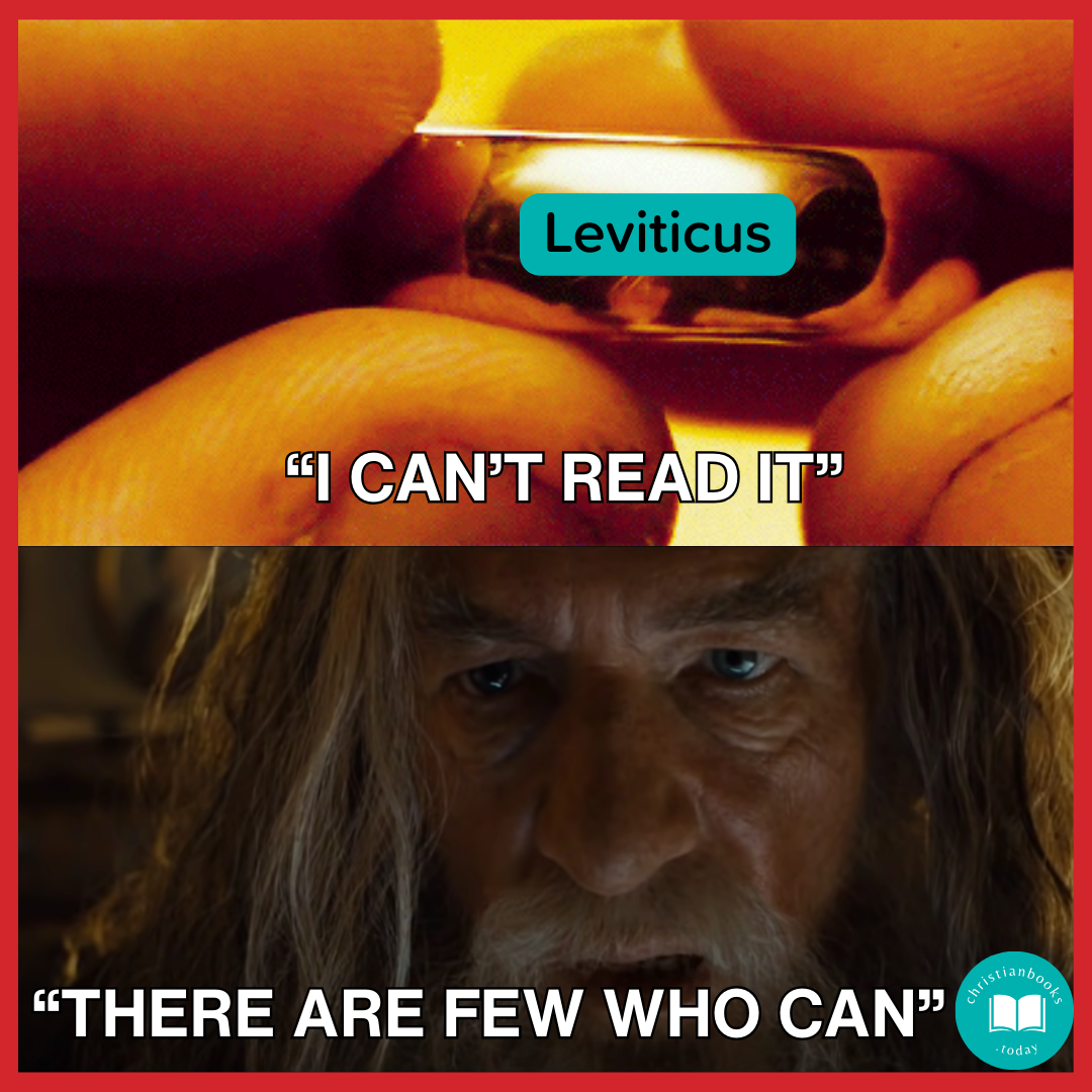 Glowing ring being held by tongs (labeled Leviticus). Caption says, “I can’t read it.” Below him another line reads, “There are few who can.”