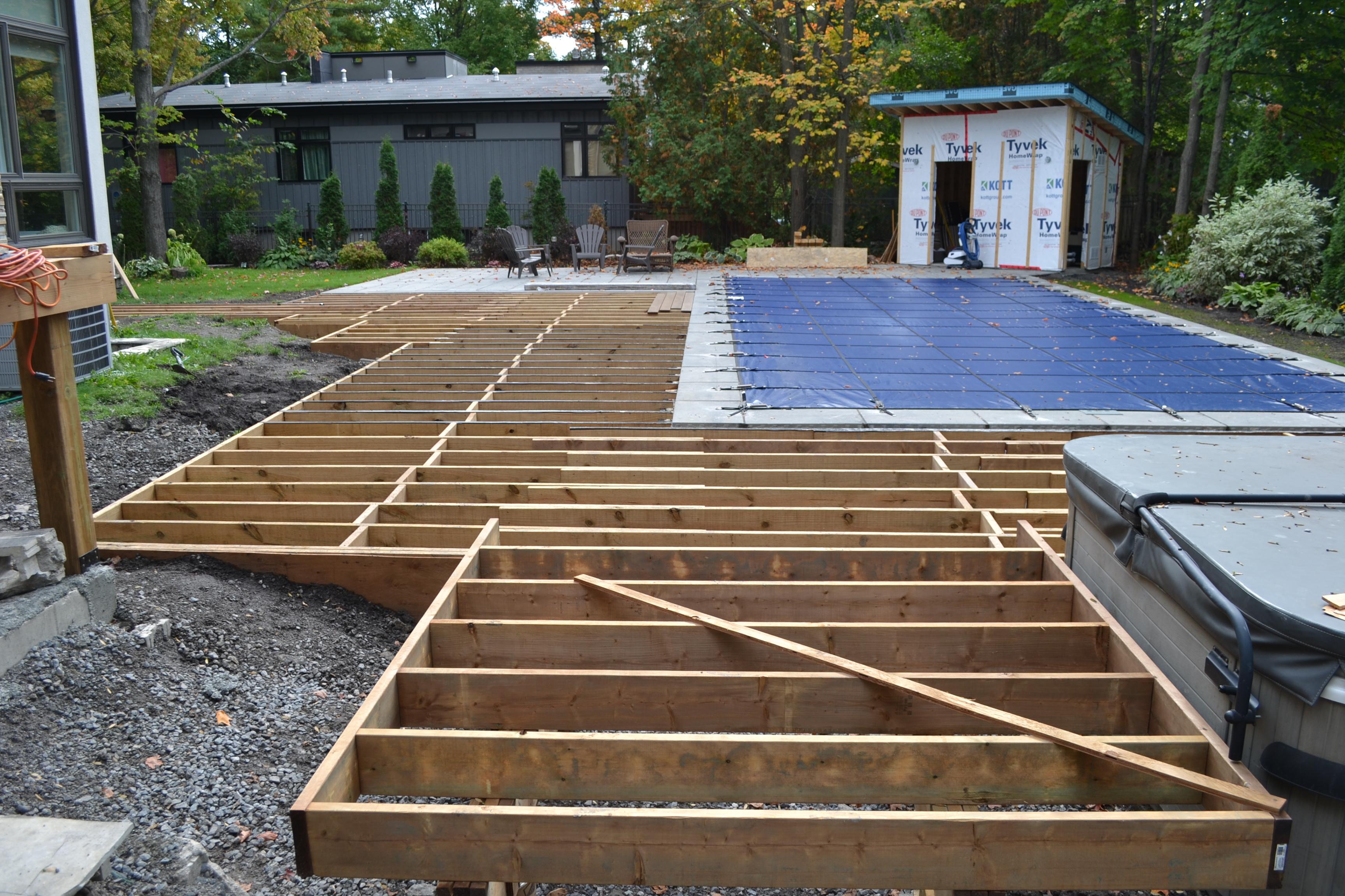 photo of full deck frame with covered pool in the background