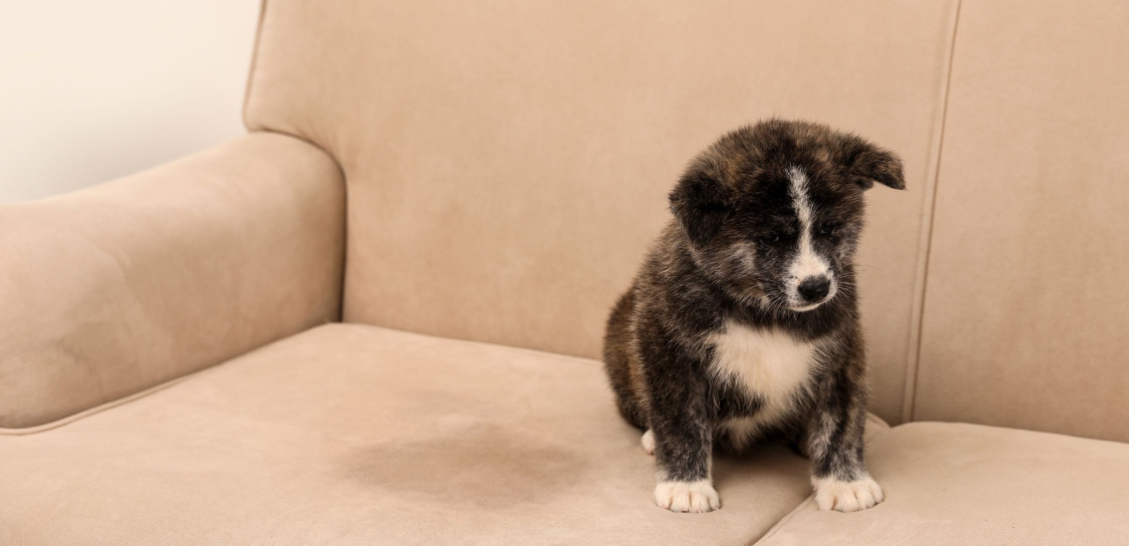 Puppy sitting on sofa next to pee stain