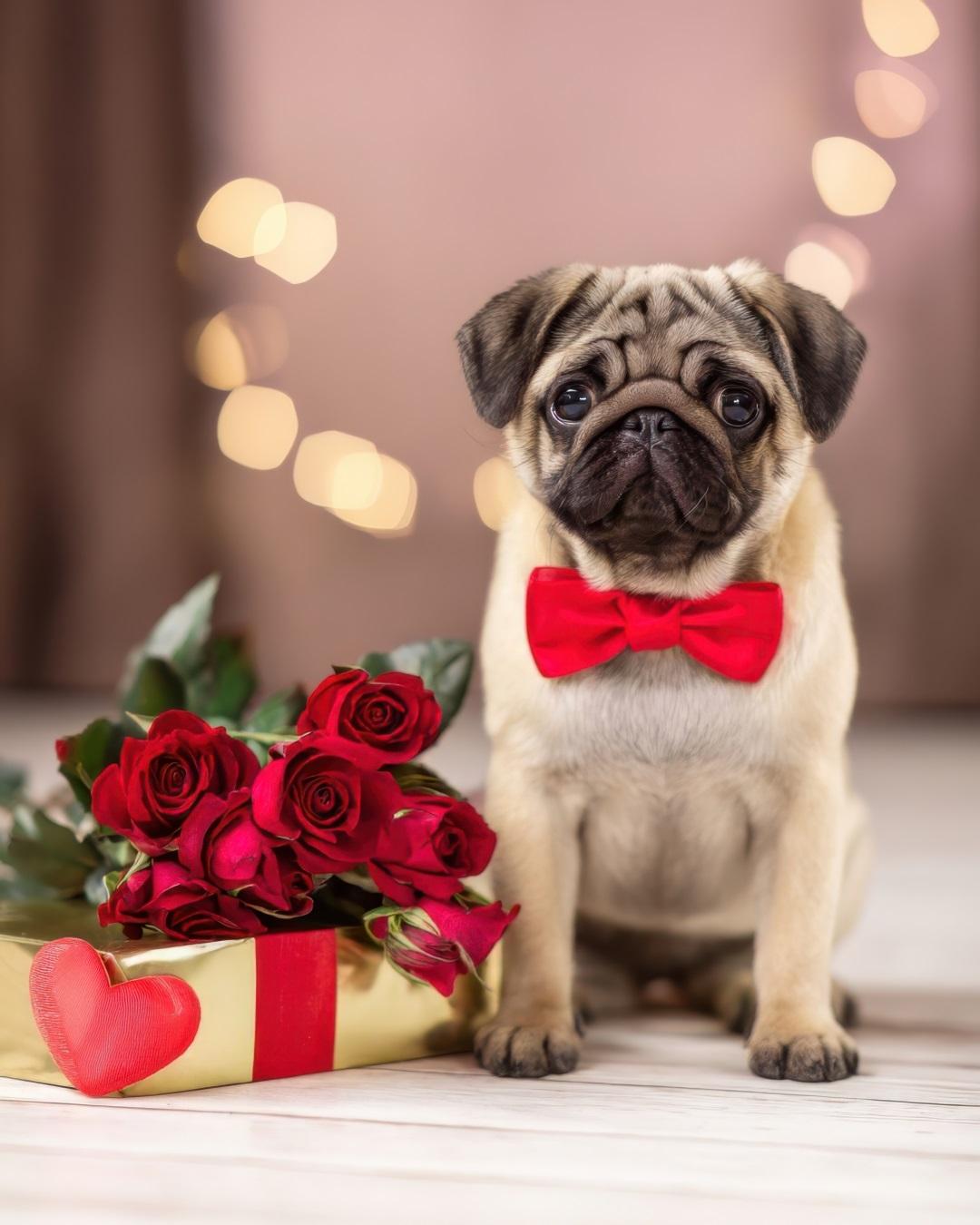 A cute pug wearing a red bow tie sits near a bouquet of red roses and a gift