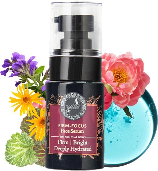 image of Firm-Focus Face Serum with its few ingredients in background