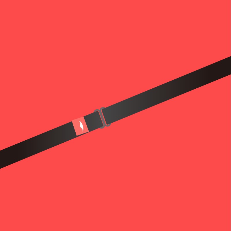 A black over-head strap laid out flat.