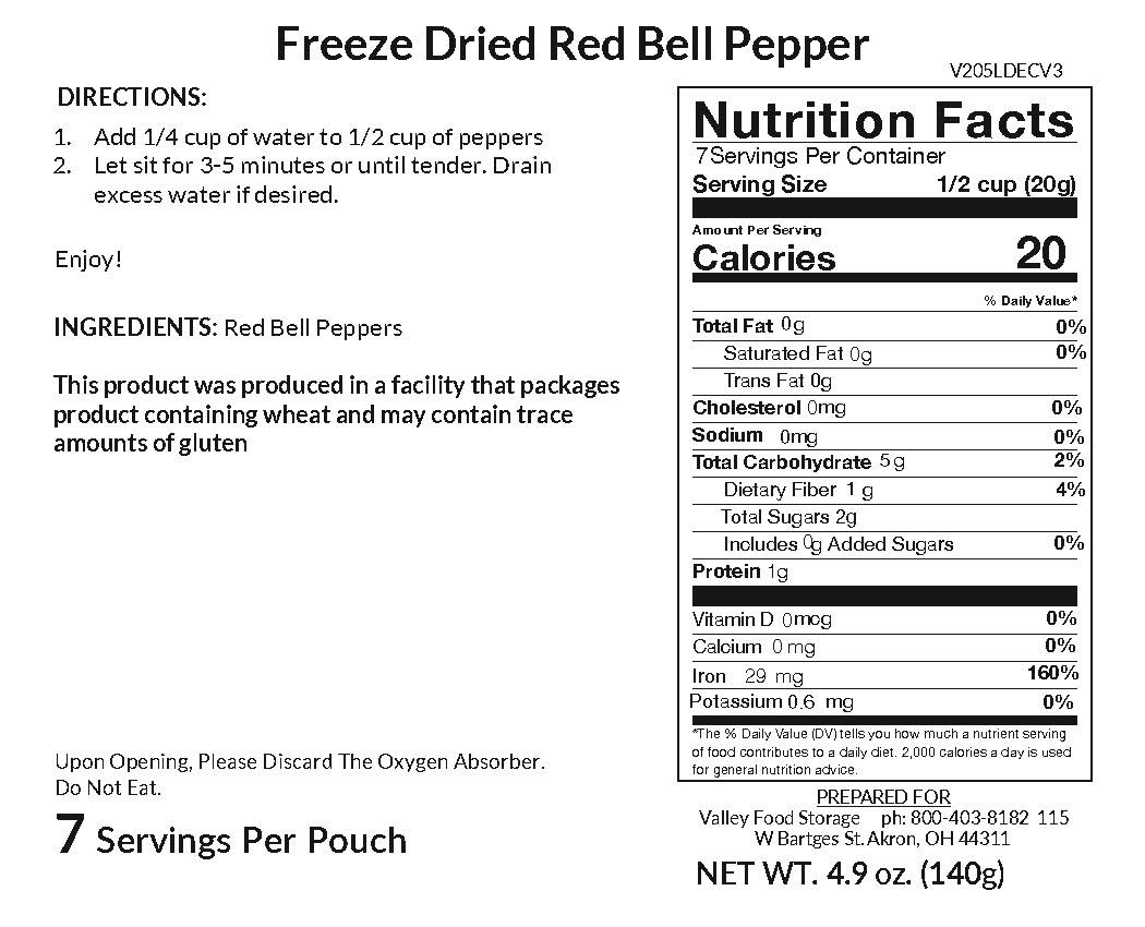 Valley Food Storage Freeze-Dried Red Bell Pepper Dices Long Term Food Storage Nutrition Label