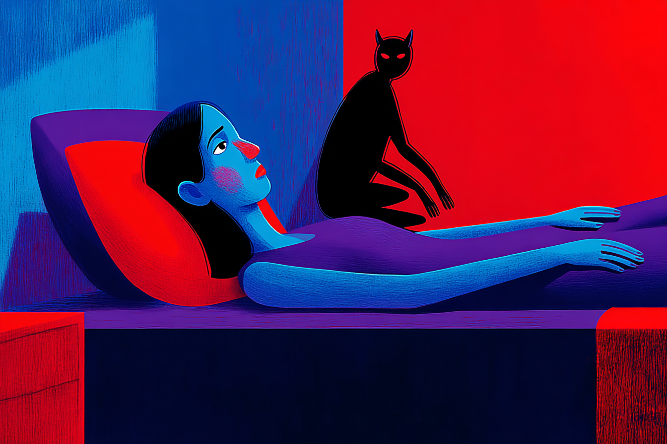 A woman lying down with a sleep paralysis demon sitting on her chest.
