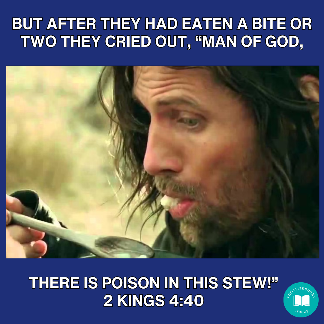 Image of Aragorn tasting stew and grimacing. Caption reads, “But after they had eaten a bit or two they cried out Man of God, there is poison in this stew.” 2 Kings 4:40