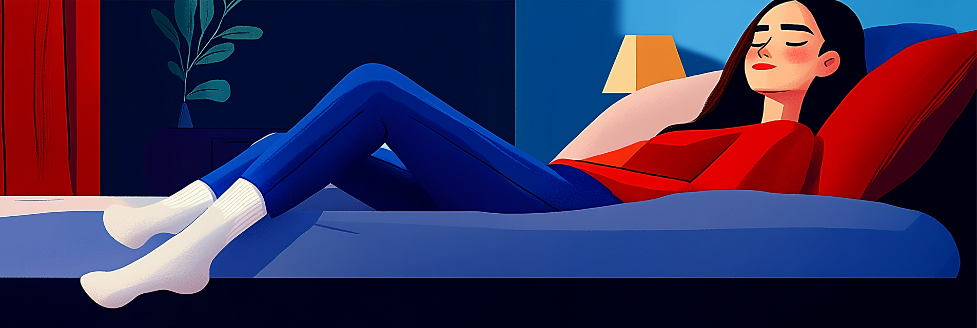 A relaxed woman, reclining on her bed while wearing socks.