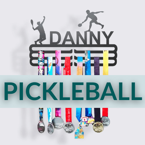 Personalized Pickleball Medal Hanger in matte black steel with a custom name — Athlete's Gift Shop