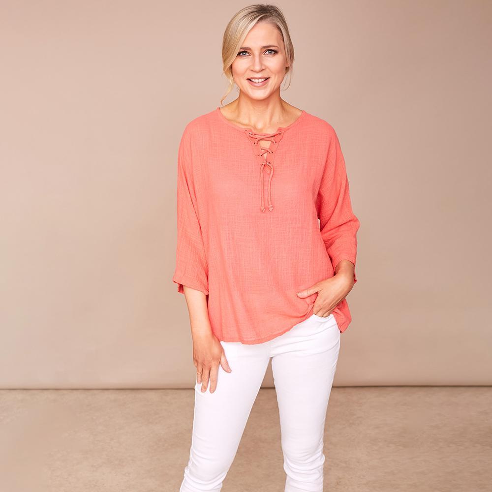 Donna Tie Lace Linen Top Coral