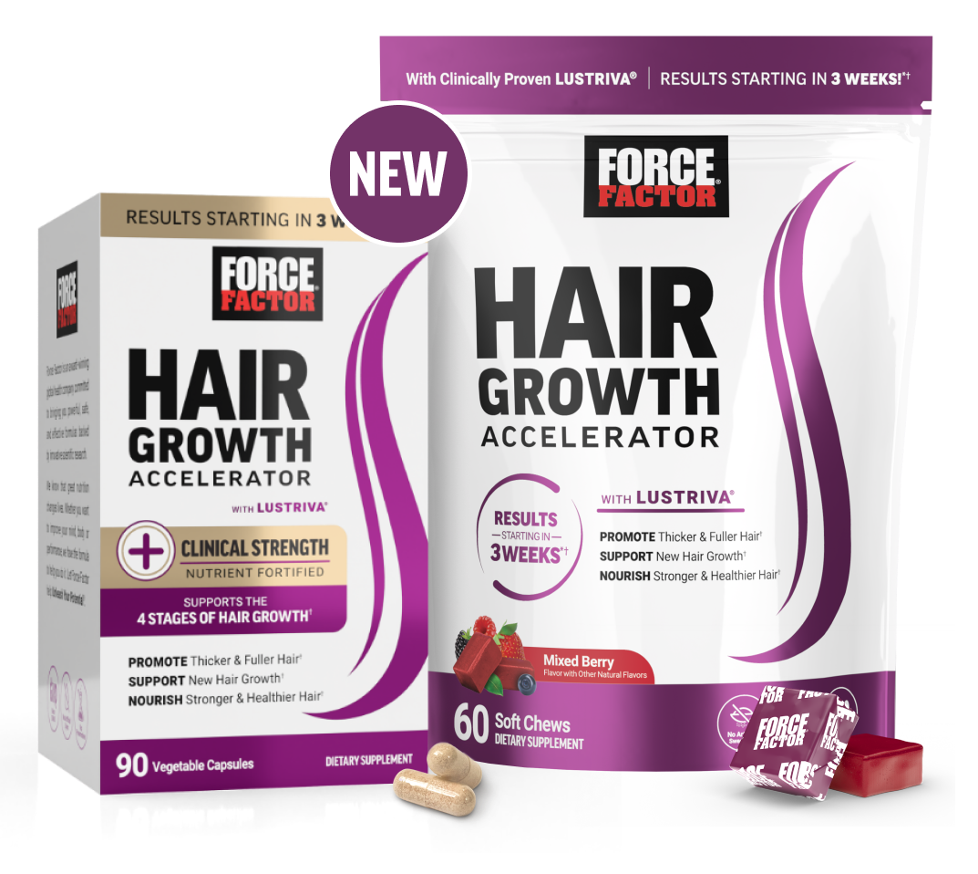 hair growth accelerator capsules and soft chew with a new badge