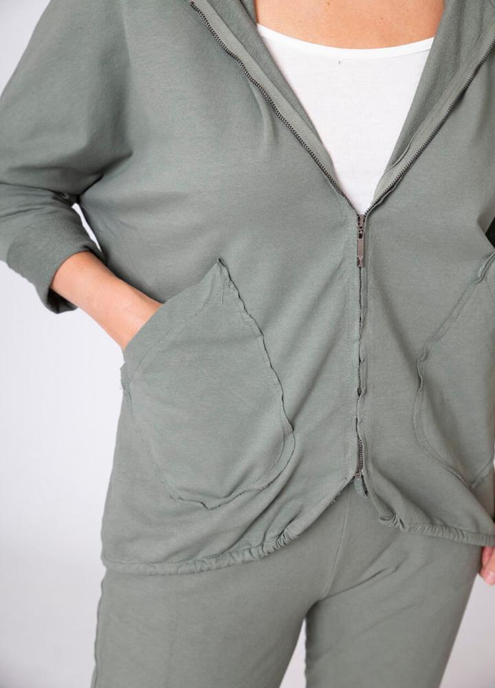 Hoody Side Pockets Zip Jacket Khaki