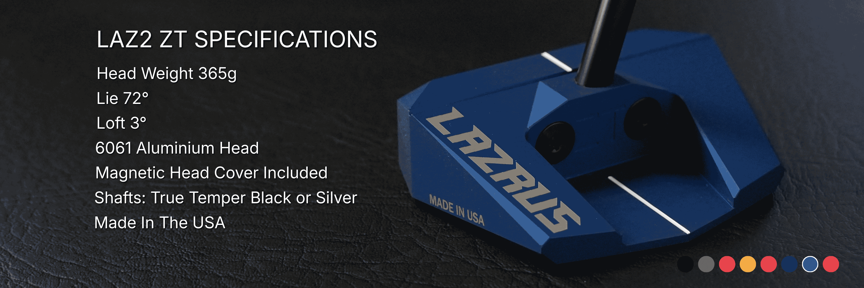 Specifications chart for Lazrus LAZ2 zero torque mallet putter including loft, lie, length and head weight