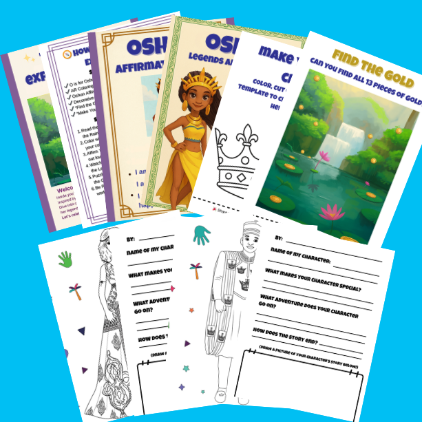 The Oshun Experience Pack – printable activity sheets, affirmation page, AR coloring pages, and O is for Oshun hardcover book displayed on a colorful background with gold and nature elements.
