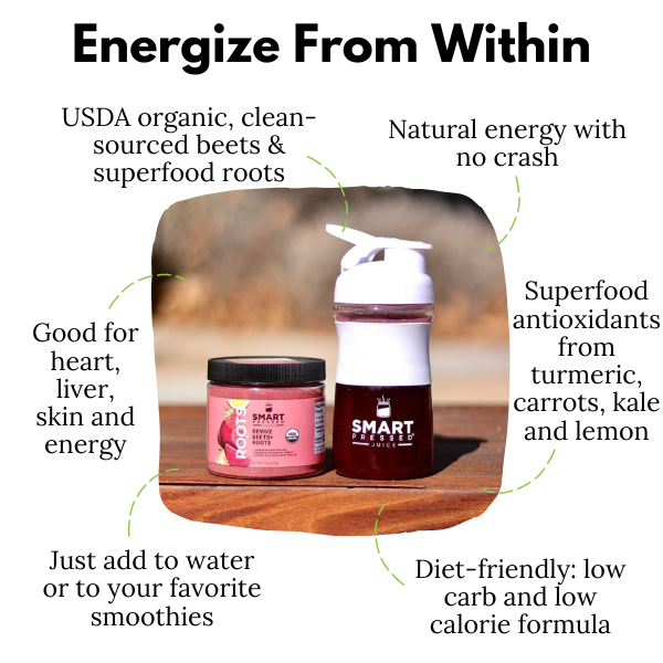 A jar of Revive Beets + Roots beside a Smart Pressed Juice shaker bottle filled with red juice set on a wooden table. The words "Energize from within" is set on top. Surrounding the image are the words "USDA organic, clean-sourced beets & superfood roots", "Natural energy with no crash", "Superfood antioxidants from turmeric, carrots, kale and lemon", "Diet-friendly: low carb and low calorie formula", "Just add to water or to your favorite smoothies", "Good for heart, liver, skin and energy"