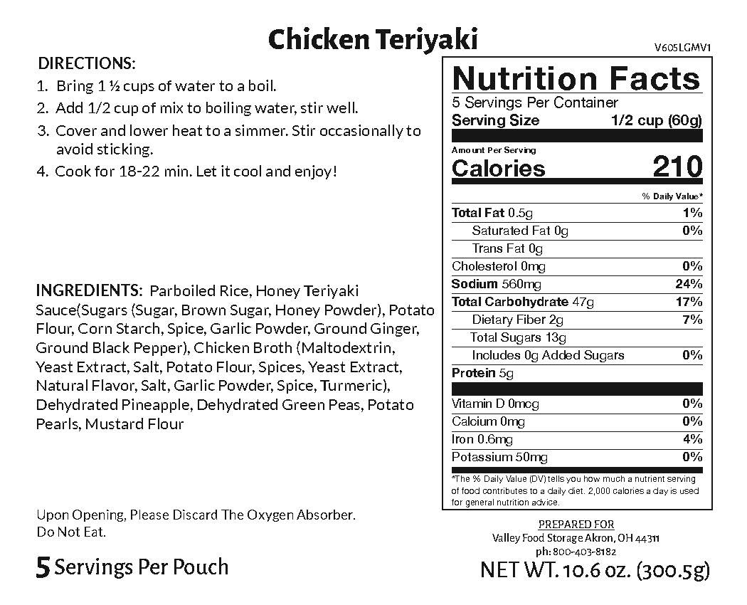 Valley Food Storage Chicken Teriyaki Long Term Food Storage Nutrition Label